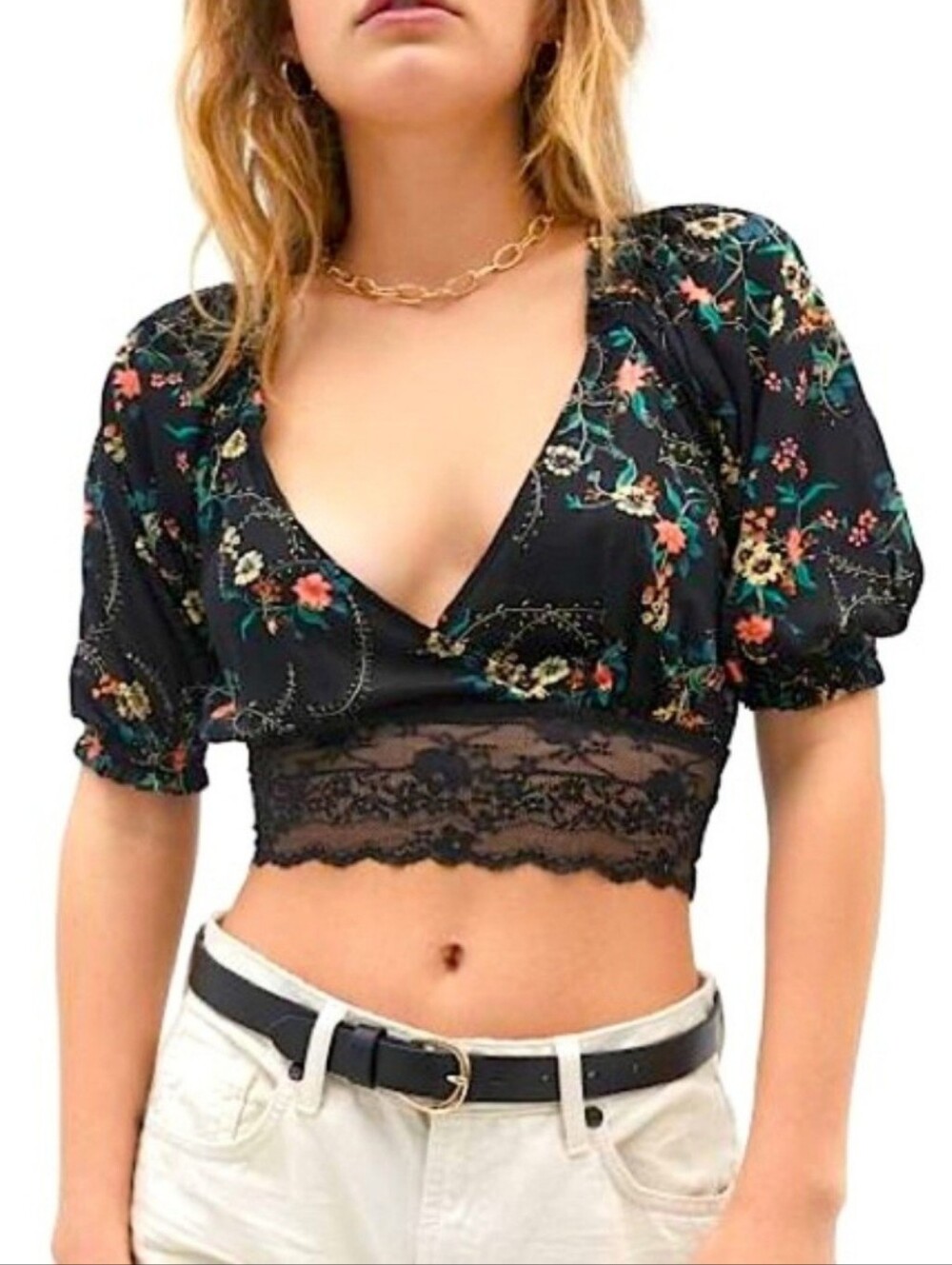 NWT Urban Outfitters Black Floral Puff Sleeve Lace-Hem Crop Top - Medium